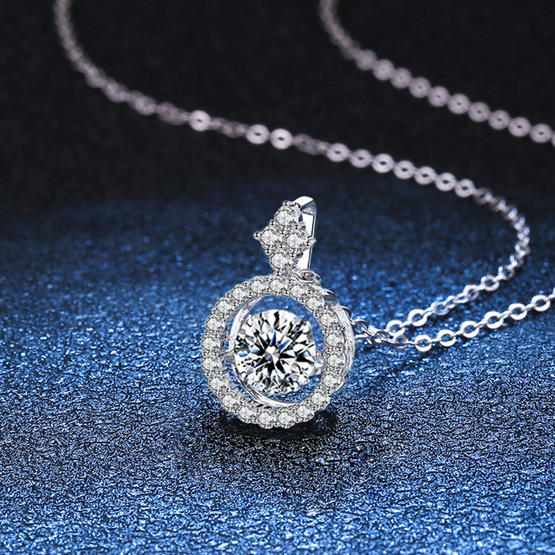Dancing Heart Pendant Necklace with Sparkling Moissanite - Moving Floating Sterling Silver Chain