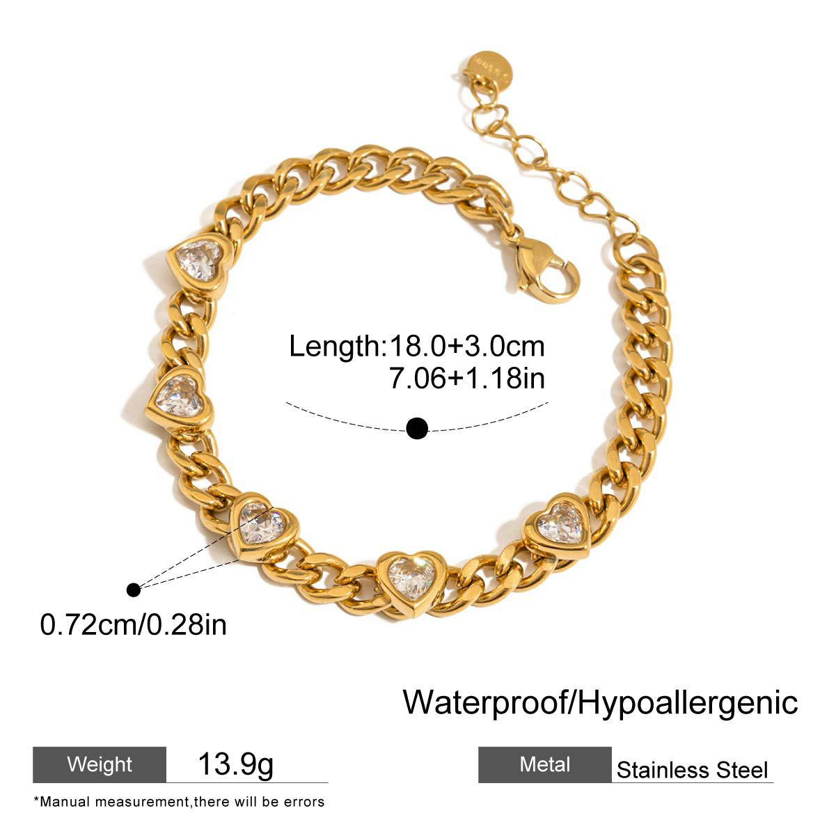 Dainty Heart Bracelet with Cubic Zirconia - Tarnish-Free Titanium Steel Chain, Minimalist Stacking Jewelry Gift for Her