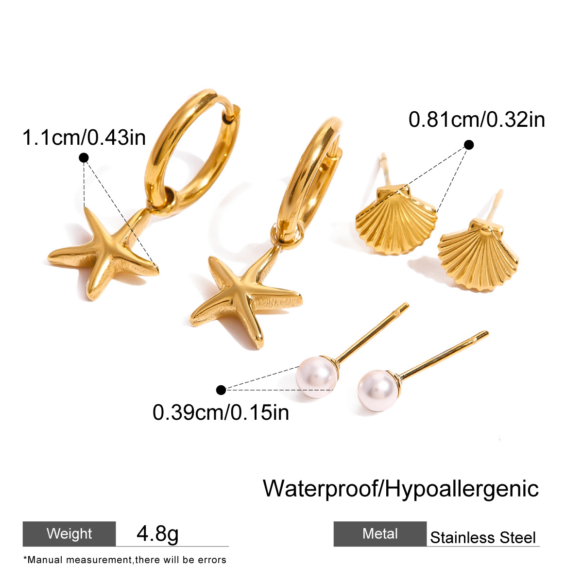 3-Pair Starfish and Pearl Earring Set - Stainless Steel Threader & Stud Earrings in Gold/Silver
