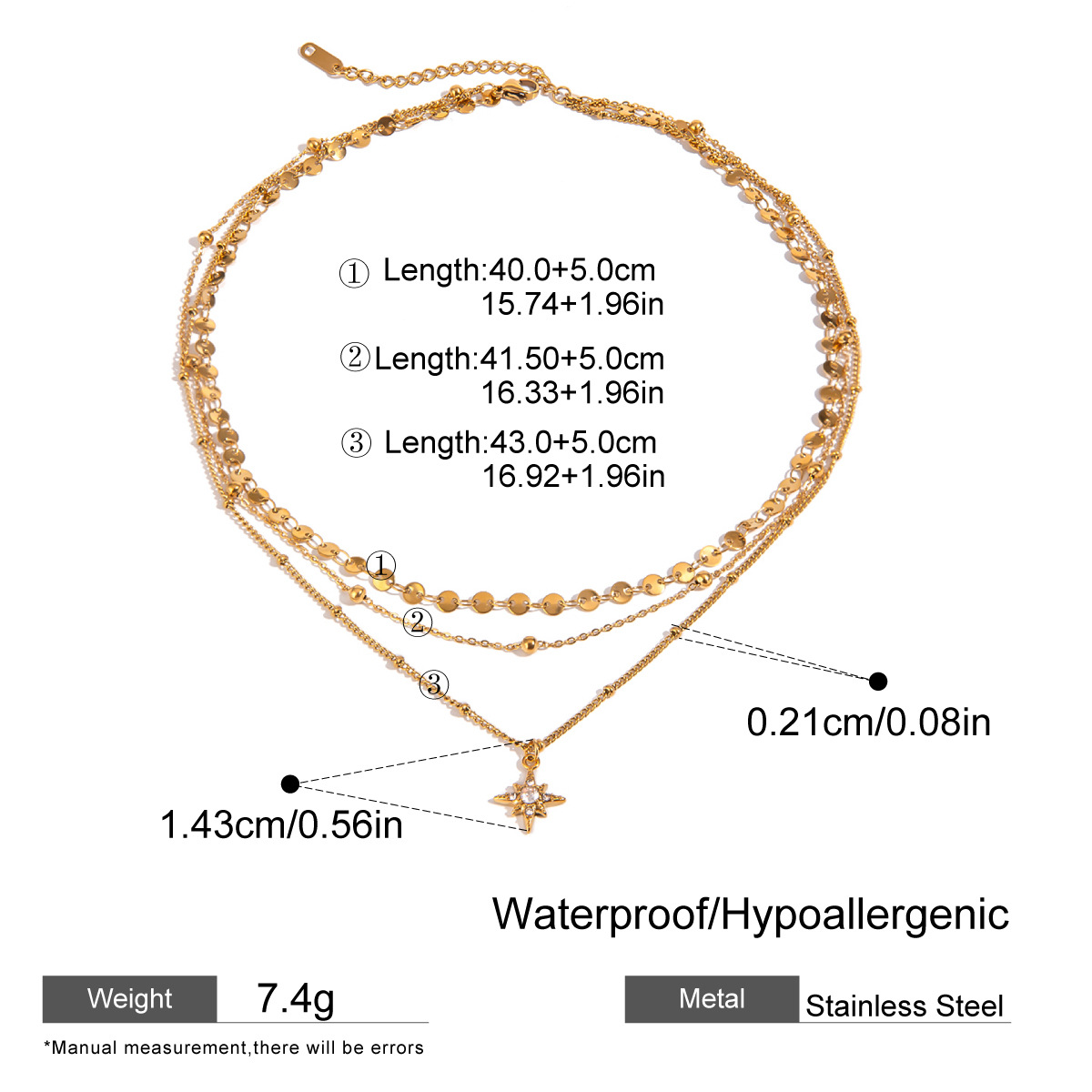 Triple Layer Star Pendant Necklace - 18K Gold Plated Stainless Steel Minimalist Choker