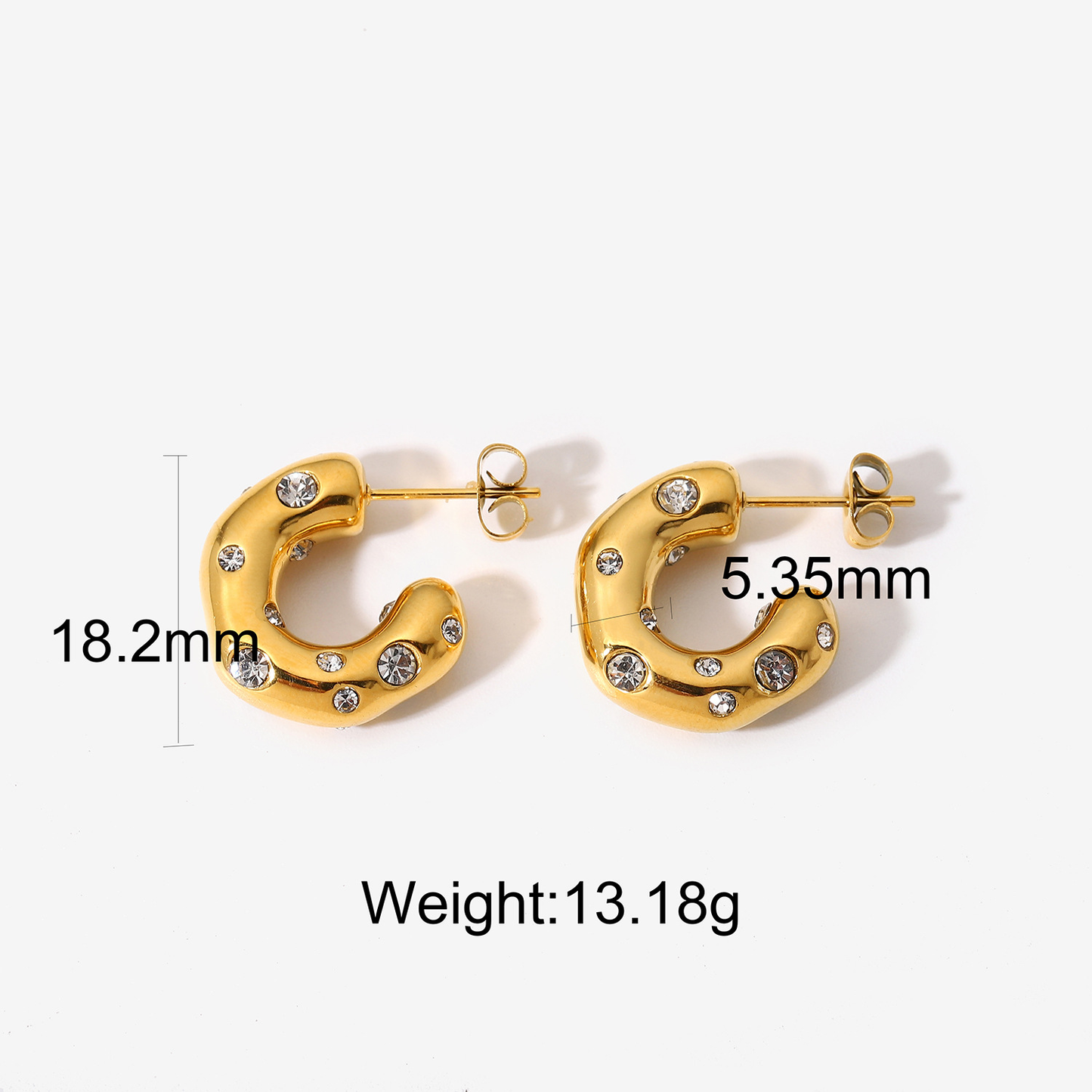 Hammered C-Shaped Zirconia Earrings - 18k Gold Plated Textured Statement Hoops