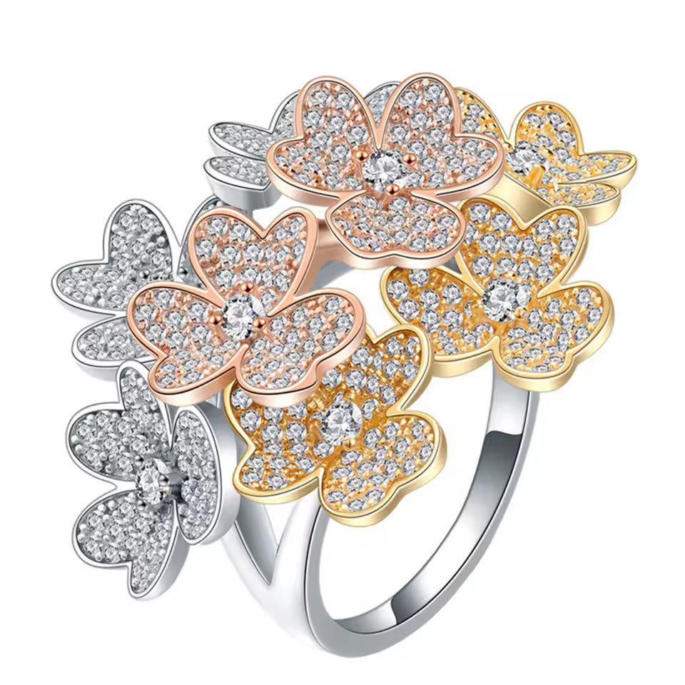 Three-Leaf Clover Full Pavé Ring - 18K Gold Plated Sterling Silver Statement Rin