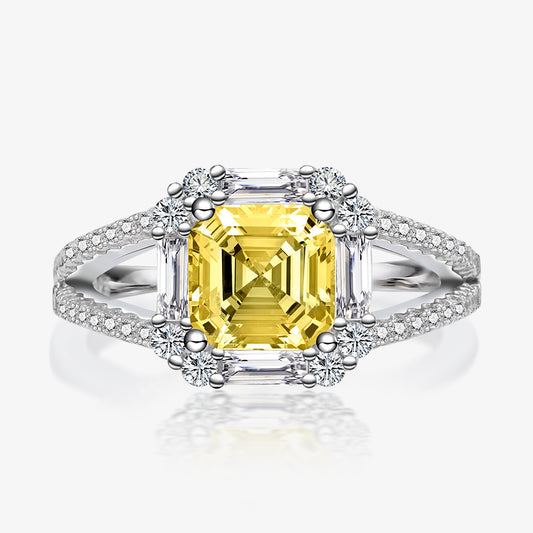 Asscher Cut Yellow CZ Ring - 7x7mm Art Deco Sterling Silver Ring