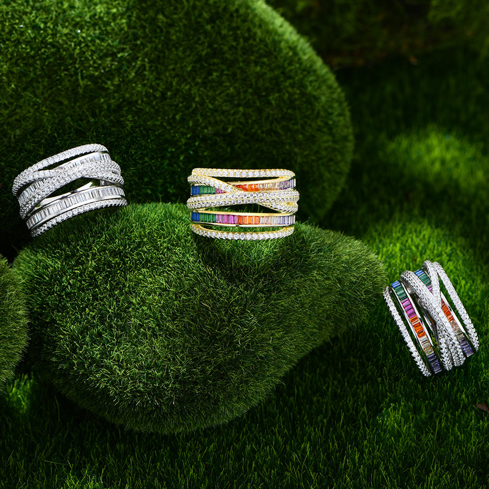 Geometric Stacking Ring - Multicolor CZ & Sterling Silver Wide Band Ring