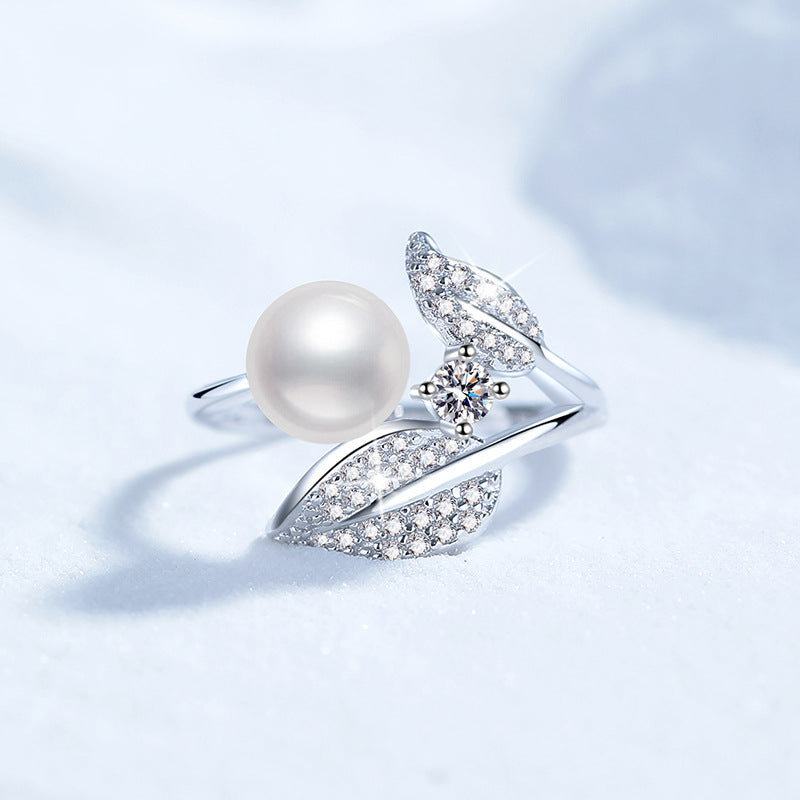 Floral Pearl Adjustable Ring - Freshwater Pearl & Moissanite Sterling Silver Ring