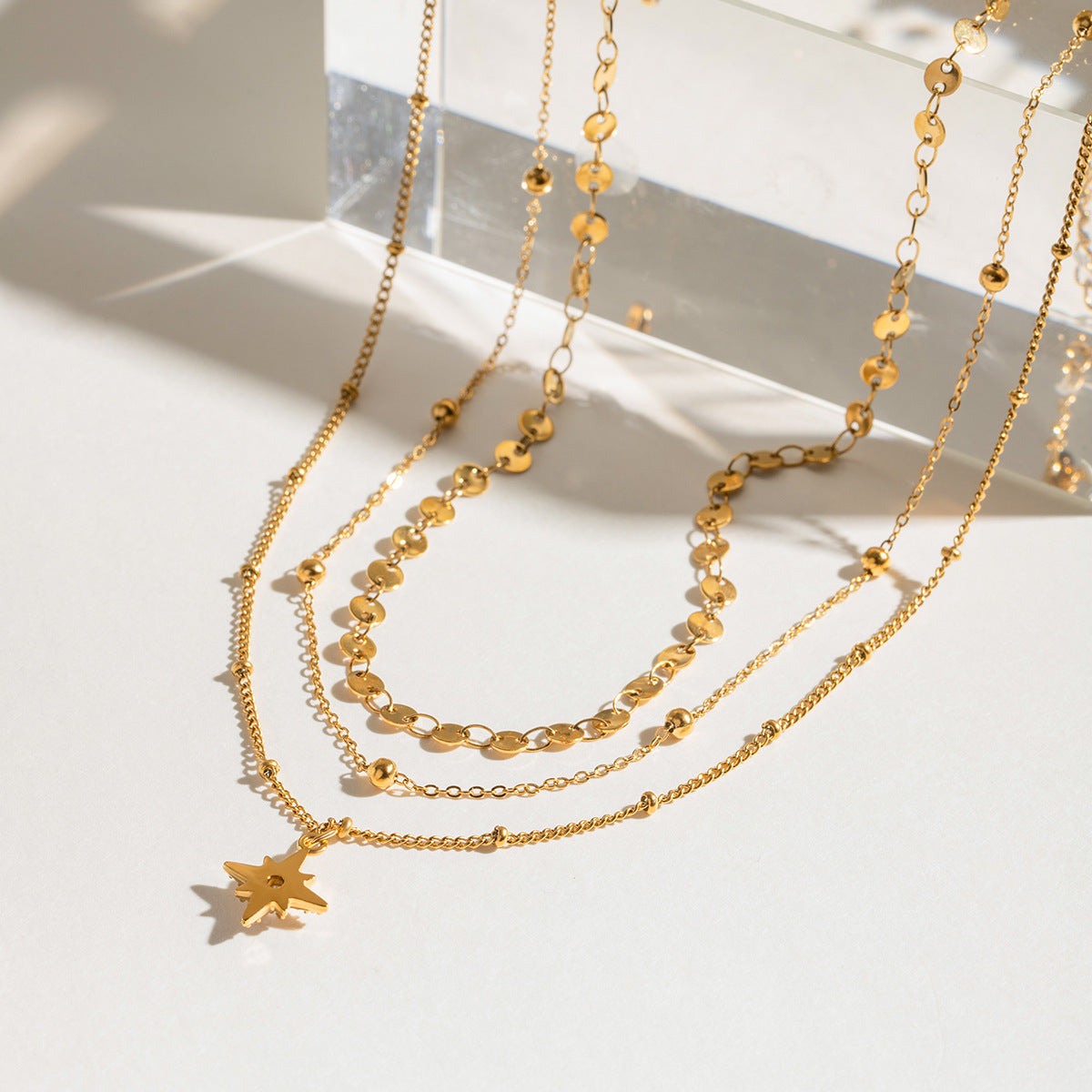 Triple Layer Star Pendant Necklace - 18K Gold Plated Stainless Steel Minimalist Choker