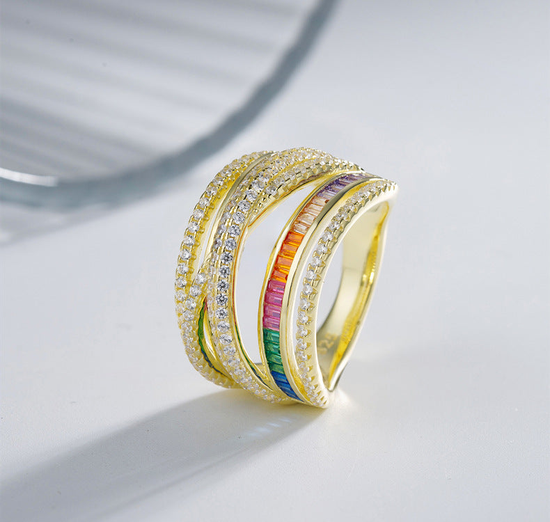 Geometric Stacking Ring - Multicolor CZ & Sterling Silver Wide Band Ring