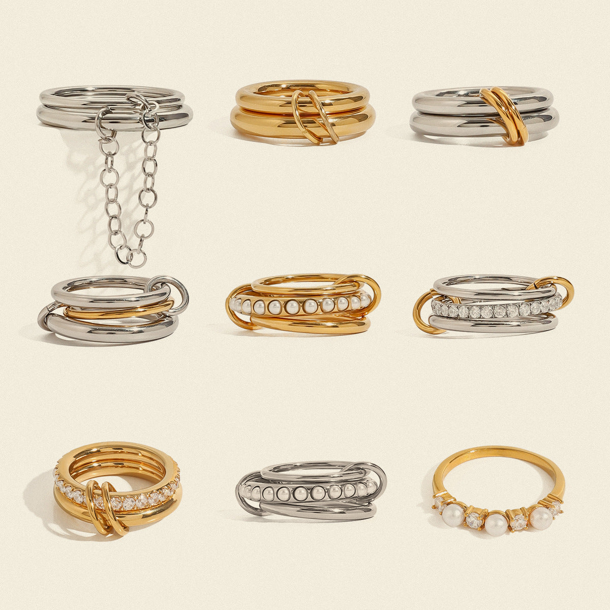Layered Pearl Ring with Geometric Band - Luxurious Gold/Silver Plated Stainless Steel Stackable Ring
