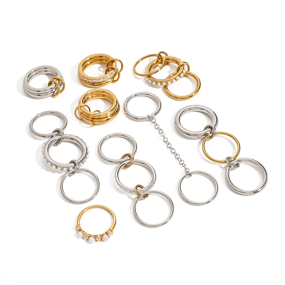 Layered Pearl Ring with Geometric Band - Luxurious Gold/Silver Plated Stainless Steel Stackable Ring