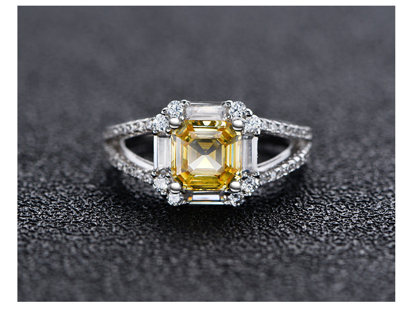 Asscher Cut Yellow CZ Ring - 7x7mm Art Deco Sterling Silver Ring
