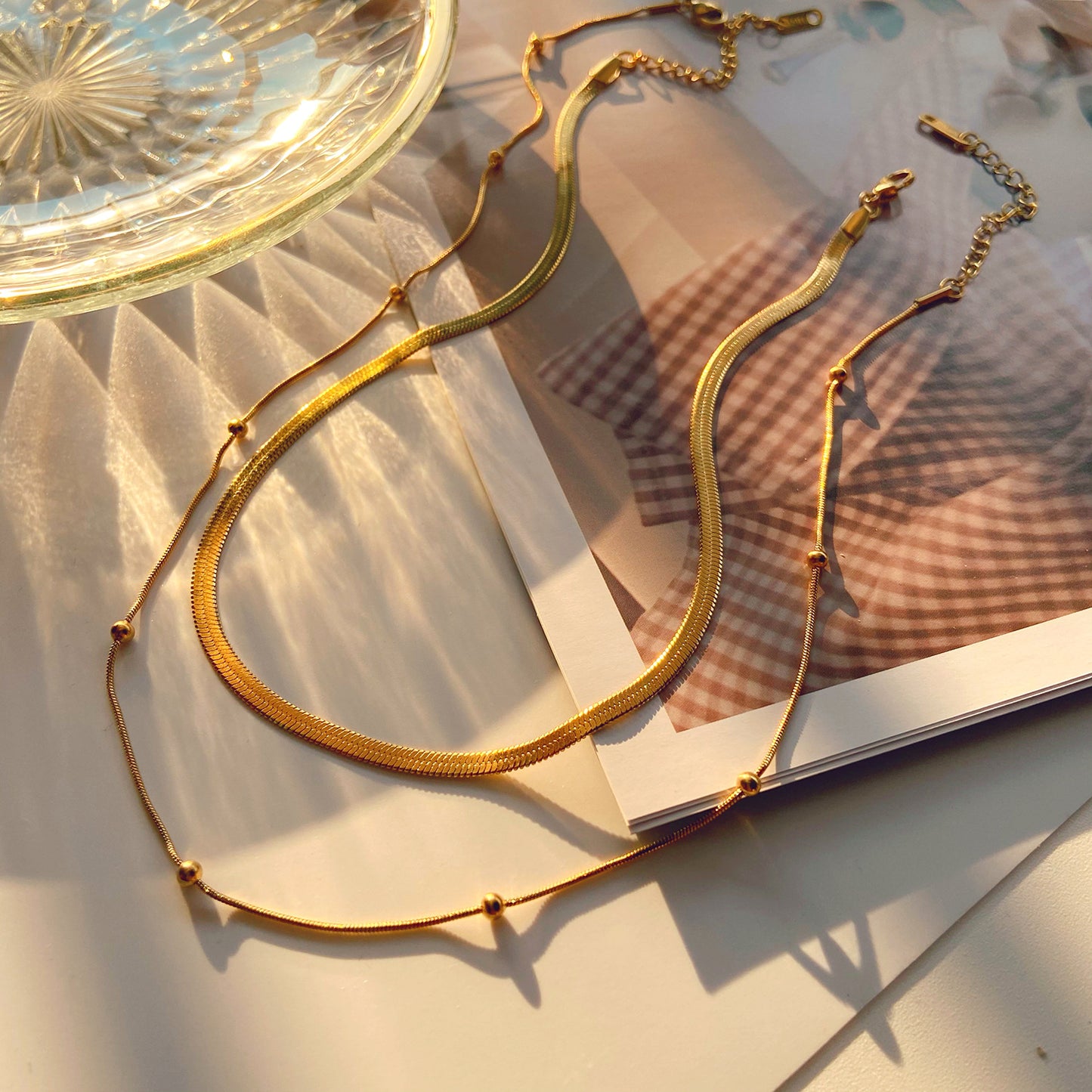 Adjustable Bead Choker Necklace - 14K Gold Plated Layered Chain for Daily Fashion