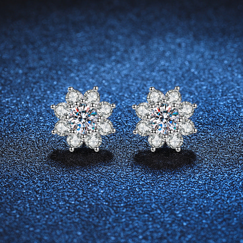 Sunflower Moissanite Stud Earrings - 1CT D Color Full Eternity Flower Earrings in Sterling Silver