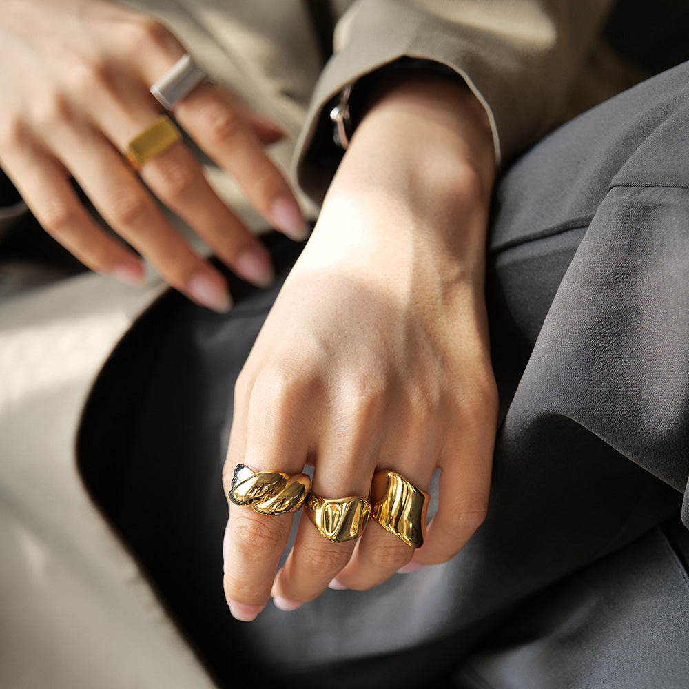 Geometric Statement Ring in 18k Gold Plated Stainless Steel - Bold Luxurious Cocktail Ring