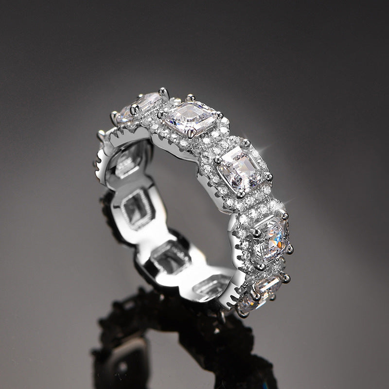 Square Solitaire Zircon Ring - 6.5mm Wide Band Statement Ring in Solid Sterling Silver