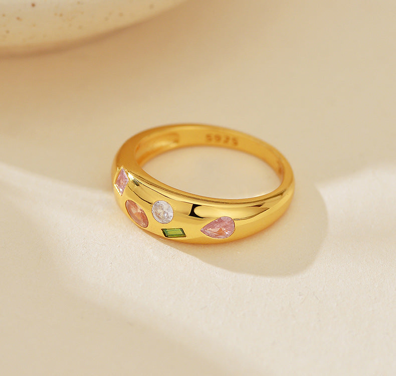 Rainbow Zirconia Stacking Ring - S925 Sterling Silver Colorful Minimalist Band