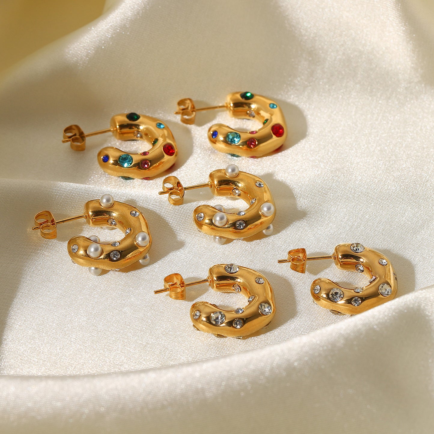 Hammered C-Shaped Zirconia Earrings - 18k Gold Plated Textured Statement Hoops