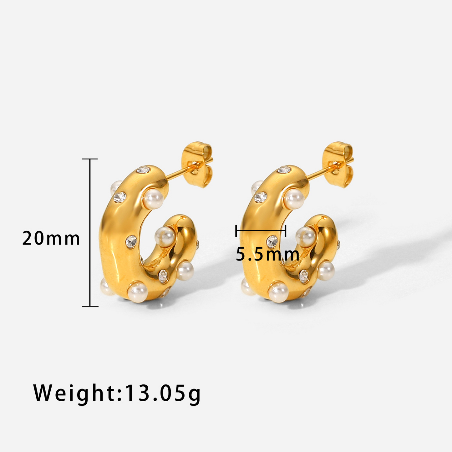 Hammered C-Shaped Zirconia Earrings - 18k Gold Plated Textured Statement Hoops
