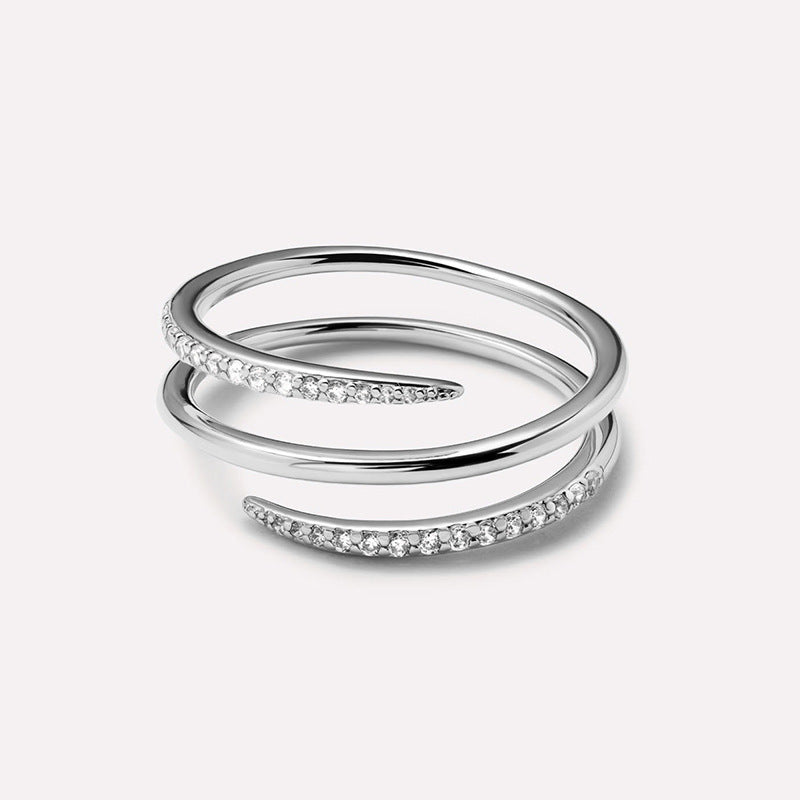Triple Row CZ Line Ring - Adjustable Stackable Minimalist Ring in Sterling Silver