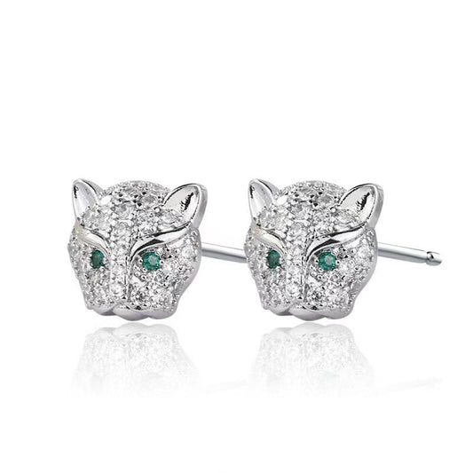 Leopard Head Stud Earrings - Multi Color CZ Micro-Pavé Sterling Silver Animal Jewelry