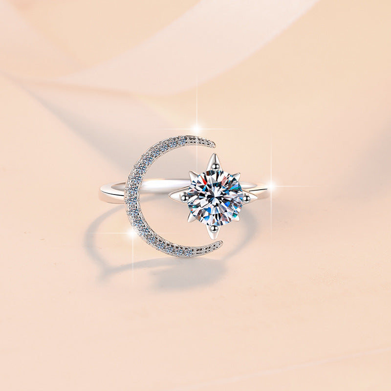 Sun & Moon Adjustable Ring - Moissanite Accent Sterling Silver Celestial Ring