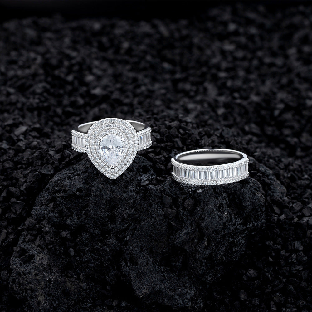 Teardrop Micro Pave Couple Rings Set – 925 Sterling Silver Women’s & Men’s Matching Rings
