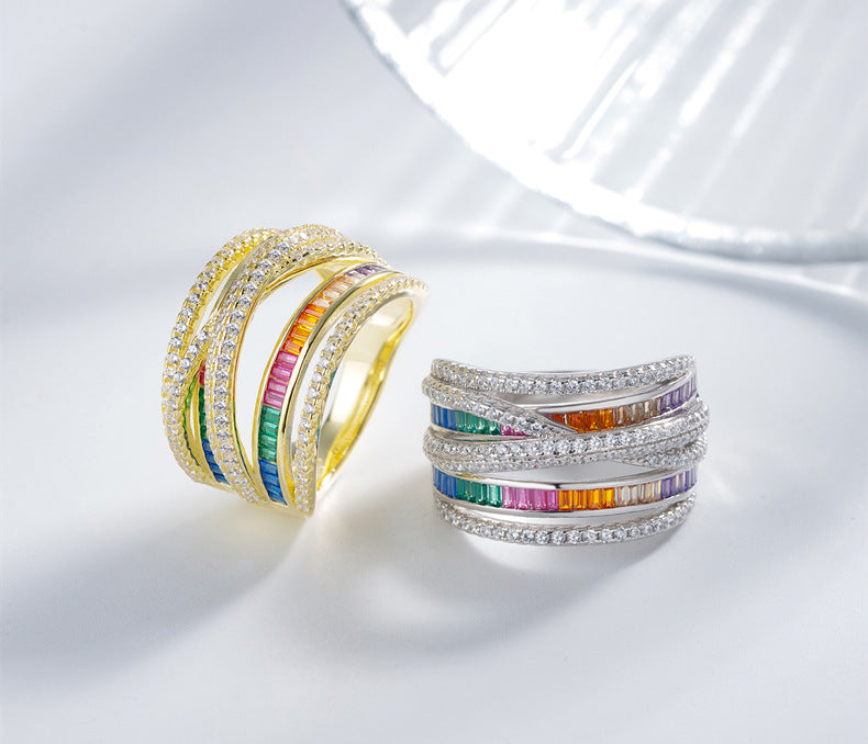 Geometric Stacking Ring - Multicolor CZ & Sterling Silver Wide Band Ring
