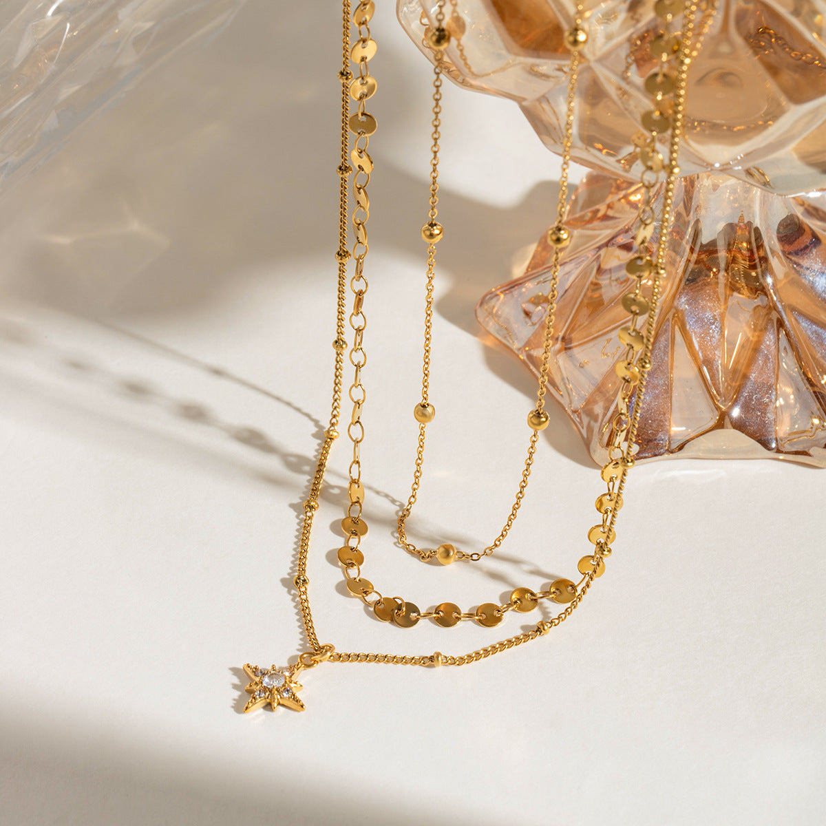Triple Layer Star Pendant Necklace - 18K Gold Plated Stainless Steel Minimalist Choker