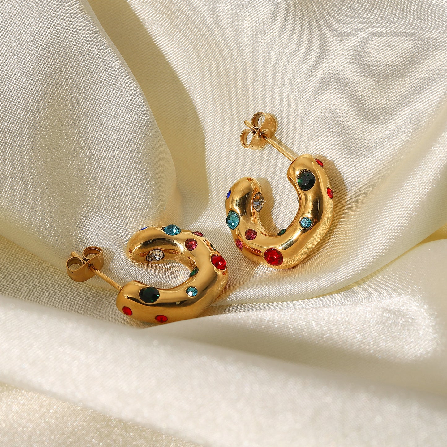 Hammered C-Shaped Zirconia Earrings - 18k Gold Plated Textured Statement Hoops