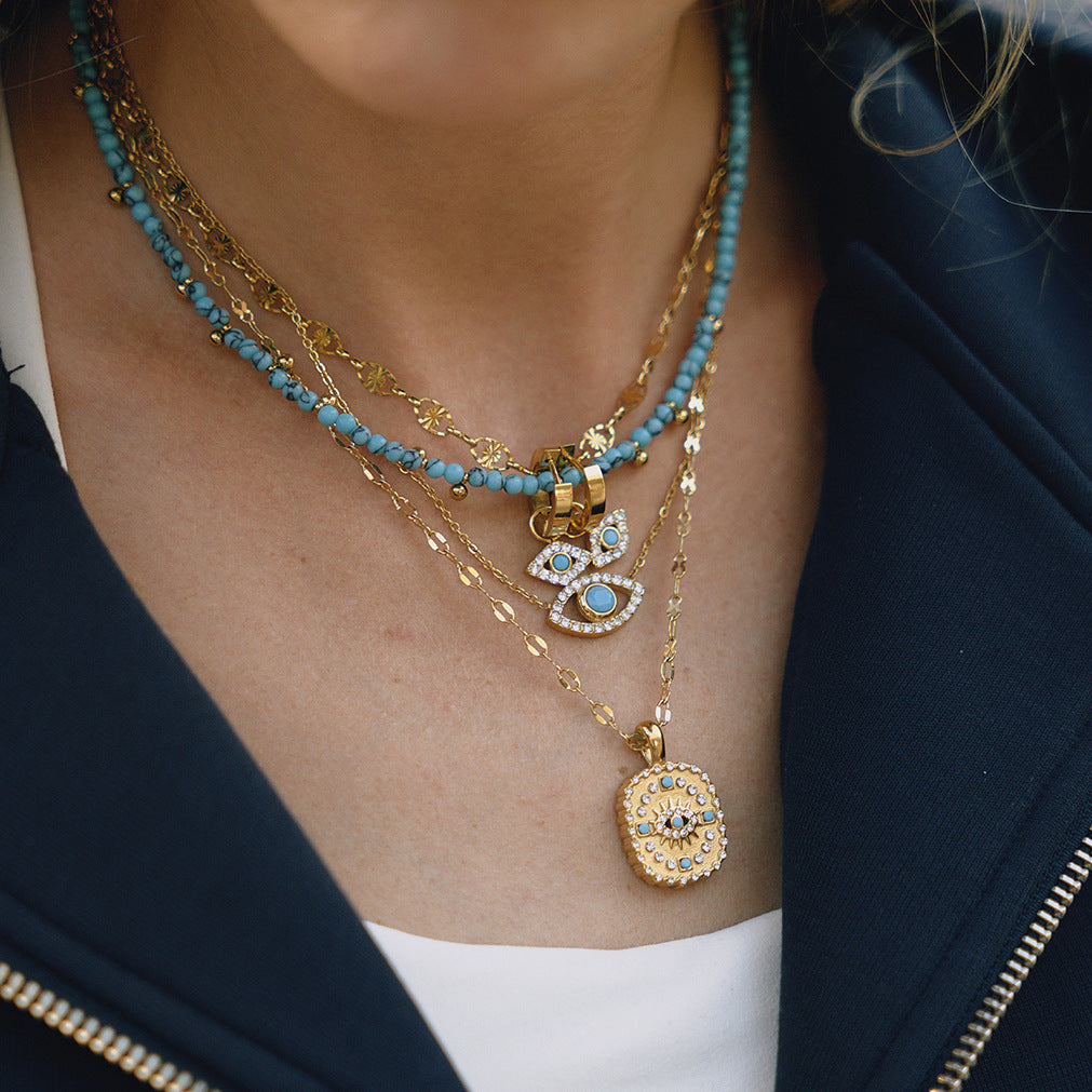Evil Eye Necklace with Blue Turquoise - Titanium Steel Choker for Women, Protection Amulet Gift