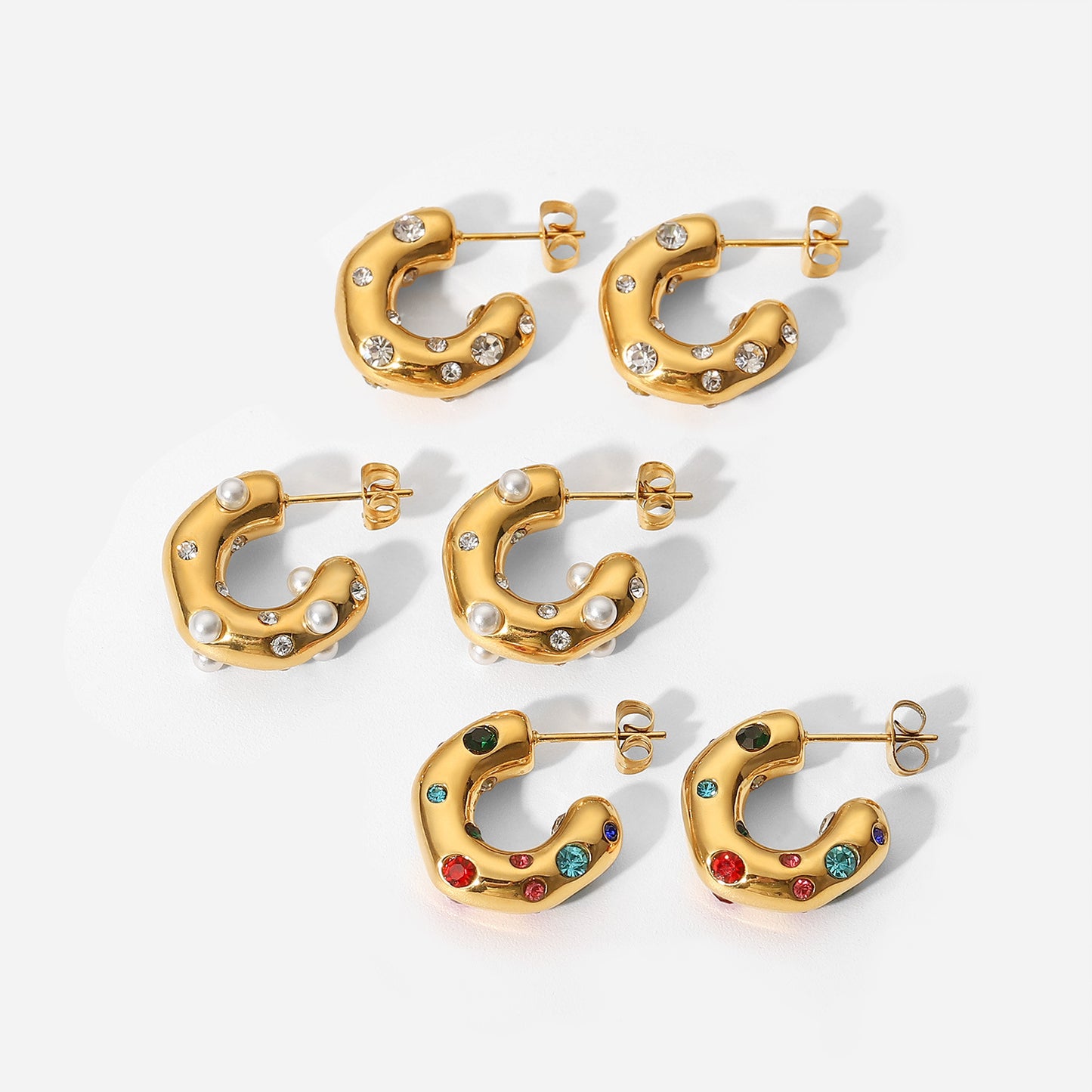 Hammered C-Shaped Zirconia Earrings - 18k Gold Plated Textured Statement Hoops