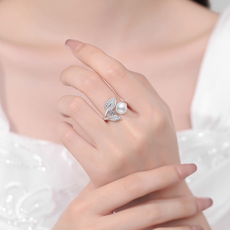 Floral Pearl Adjustable Ring - Freshwater Pearl & Moissanite Sterling Silver Ring