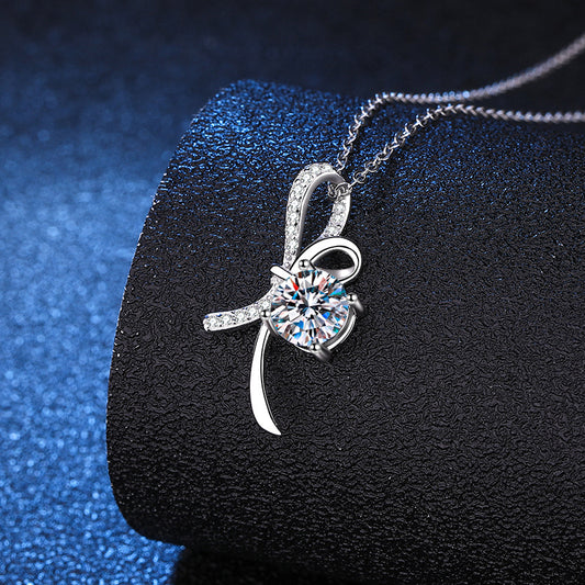 1 Carat D Color Moissanite Bow Necklace | 925 Sterling Silver Pendant, PT950 Plated
