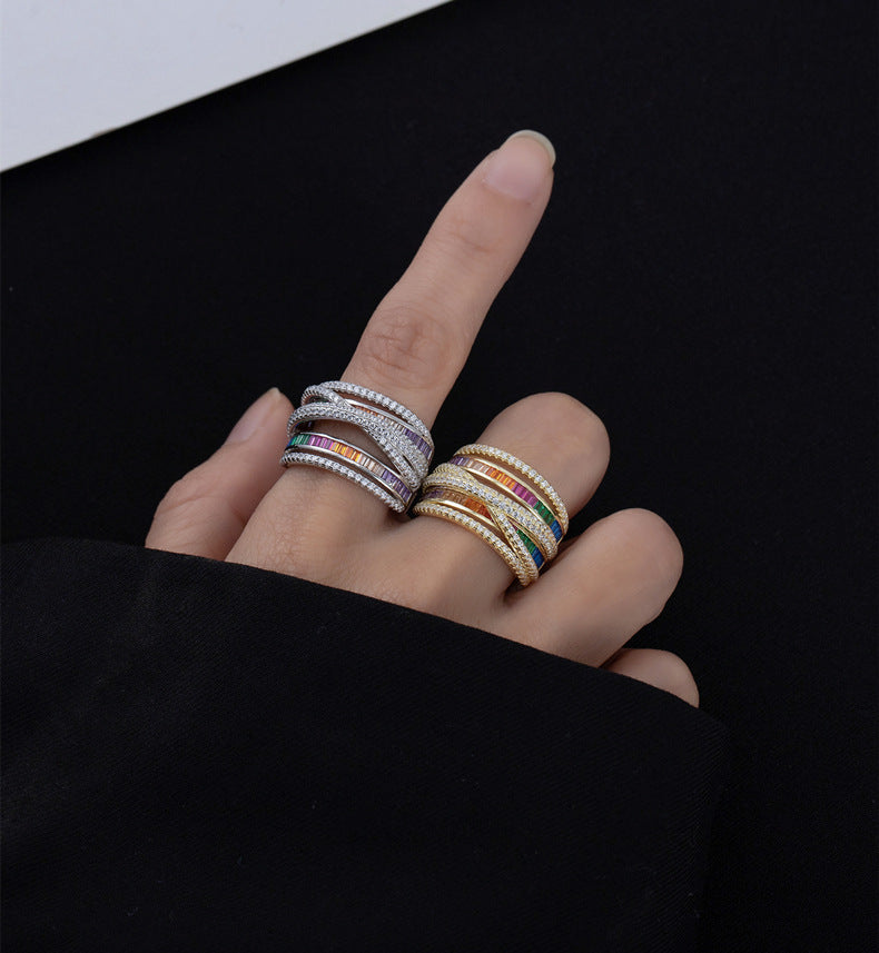 Geometric Stacking Ring - Multicolor CZ & Sterling Silver Wide Band Ring