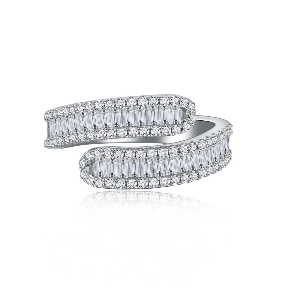 T-Square Crossover Full Pavé Ring - S925 Sterling Silver Statement Band for Women