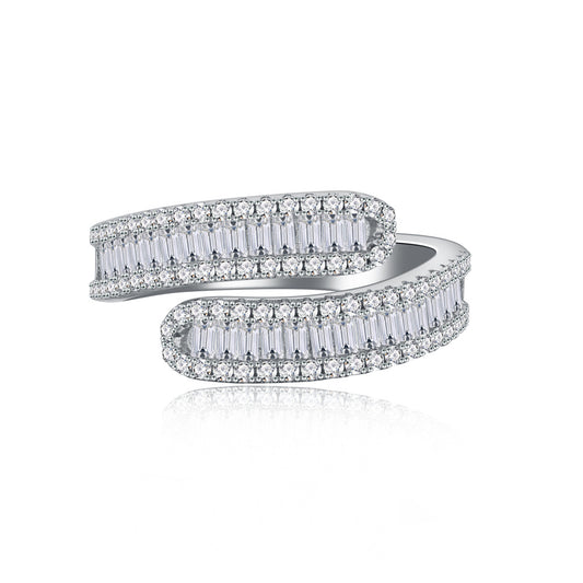 T-Square Crossover Full Pavé Ring - S925 Sterling Silver Statement Band for Women