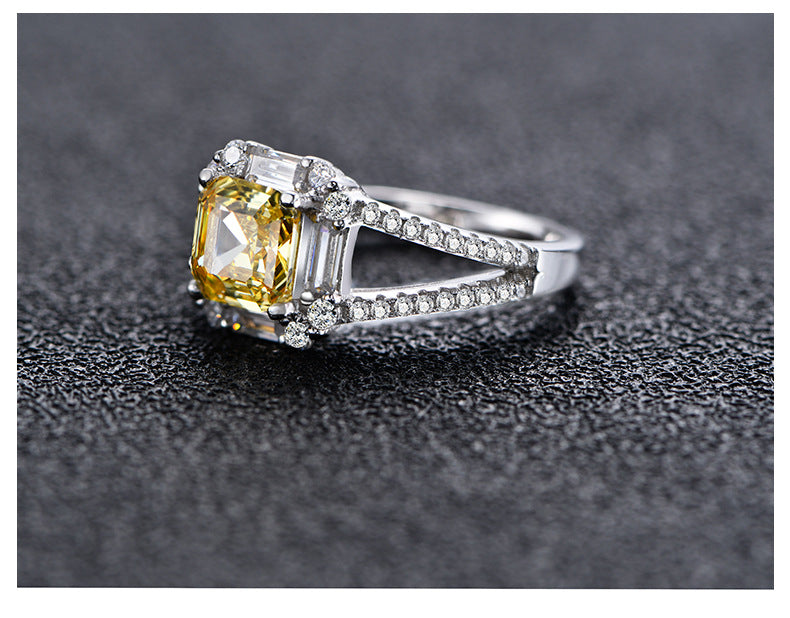 Asscher Cut Yellow CZ Ring - 7x7mm Art Deco Sterling Silver Ring