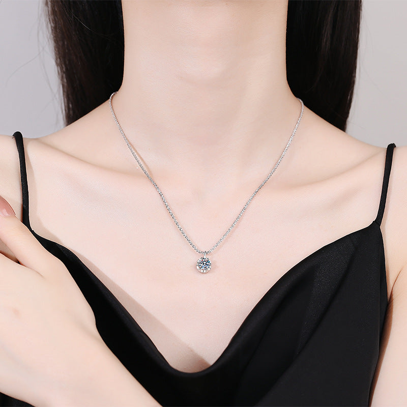 Crown Pendant Necklace with 1CT or 2CT D Color Moissanite - Sterling Silver Curb Chain