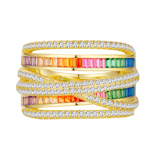 Geometric Stacking Ring - Multicolor CZ & Sterling Silver Wide Band Ring
