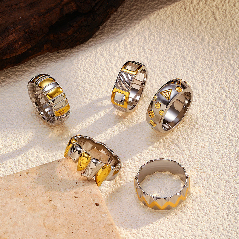 Geometric Punk Ring for Men & Women - 18K Gold Plated Stainless Steel Edgy Band