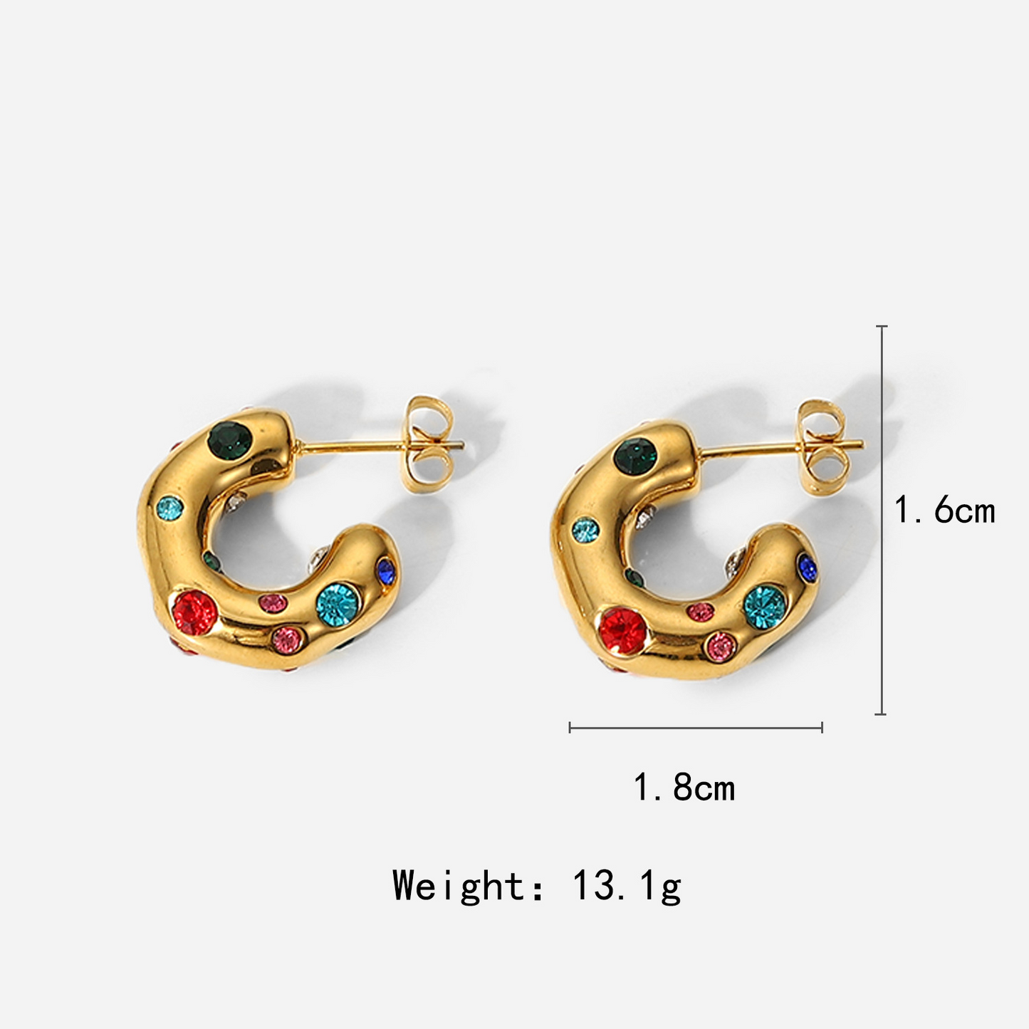 Hammered C-Shaped Zirconia Earrings - 18k Gold Plated Textured Statement Hoops