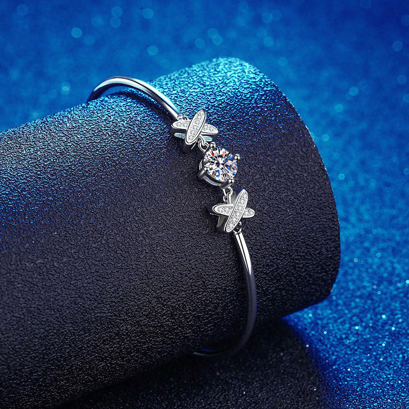 Platinum Plated Bow Bracelet - 1CT Moissanite Sterling Silver Chain Bracelet | Korean Style