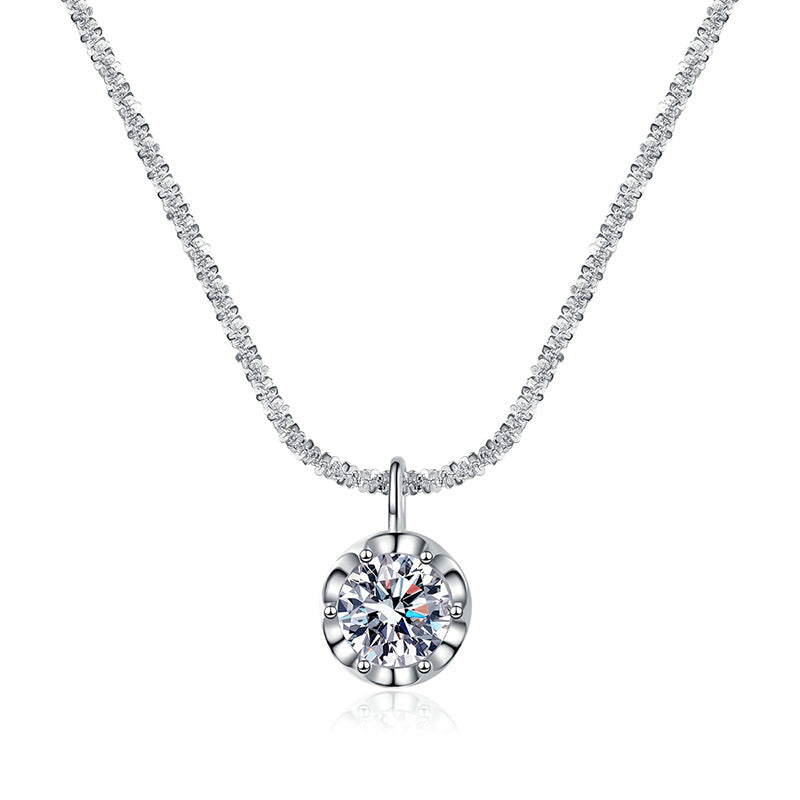 Crown Pendant Necklace with 1CT or 2CT D Color Moissanite - Sterling Silver Curb Chain