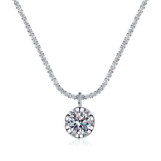 Crown Pendant Necklace with 1CT or 2CT D Color Moissanite - Sterling Silver Curb Chain