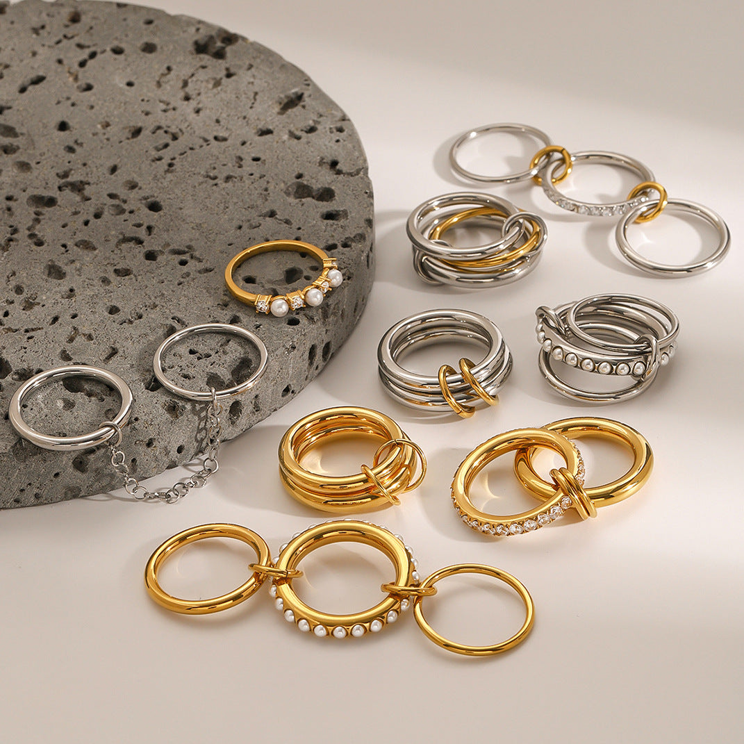 Layered Pearl Ring with Geometric Band - Luxurious Gold/Silver Plated Stainless Steel Stackable Ring