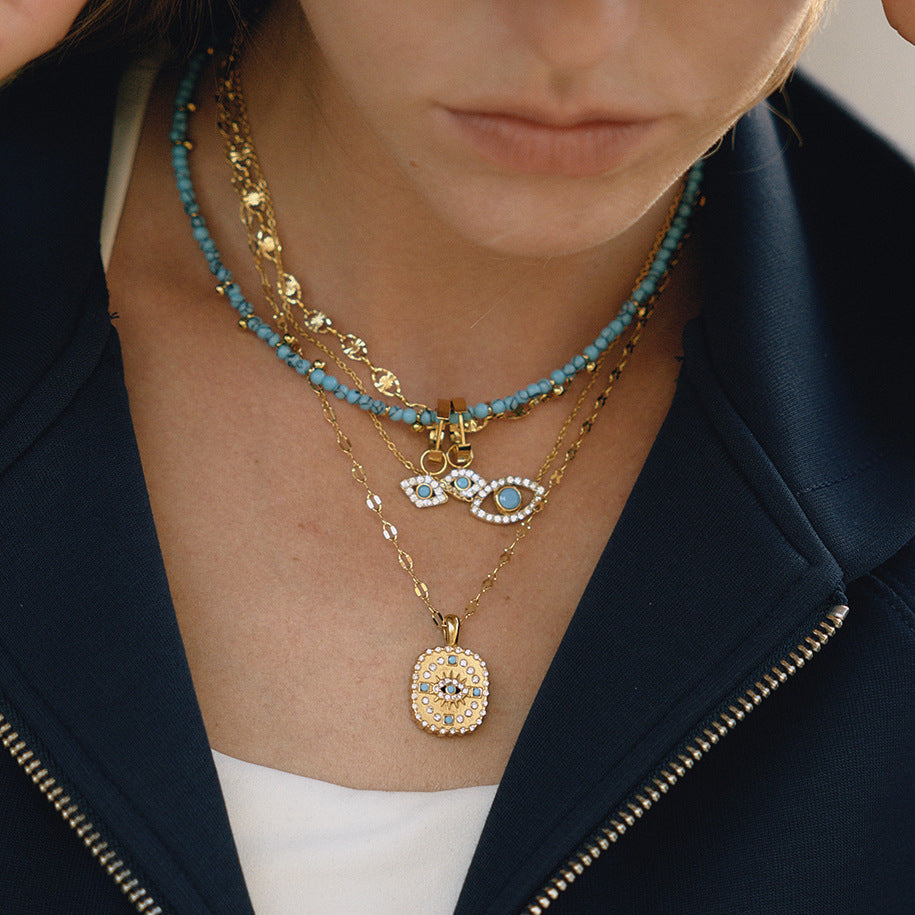 Evil Eye Necklace with Blue Turquoise - Titanium Steel Choker for Women, Protection Amulet Gift