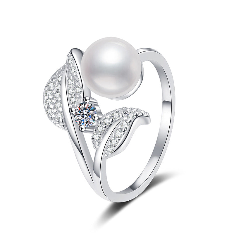 Floral Pearl Adjustable Ring - Freshwater Pearl & Moissanite Sterling Silver Ring