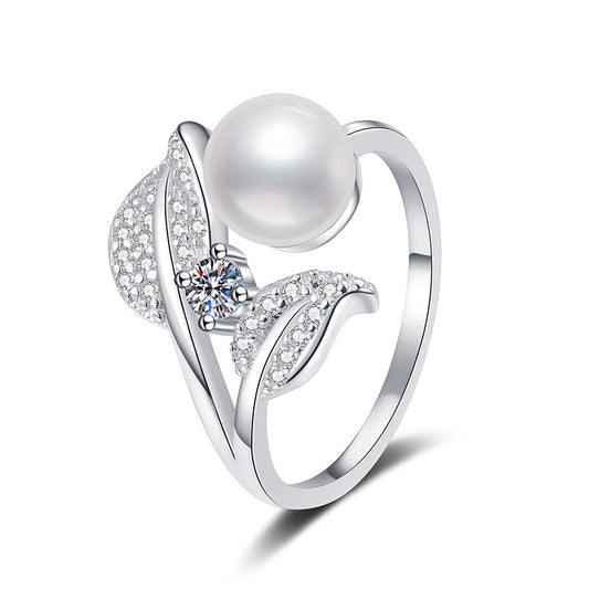 Floral Pearl Adjustable Ring - Freshwater Pearl & Moissanite Sterling Silver Ring