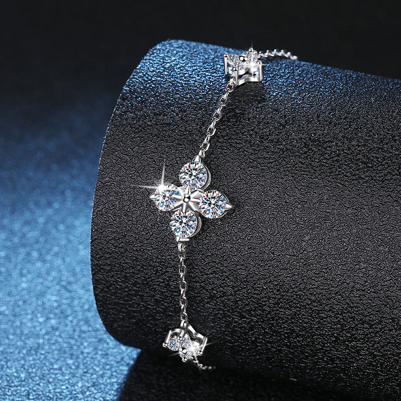 Four Leaf Clover Moissanite Bracelet - Sterling Silver Lucky Charm Bracelet for Women