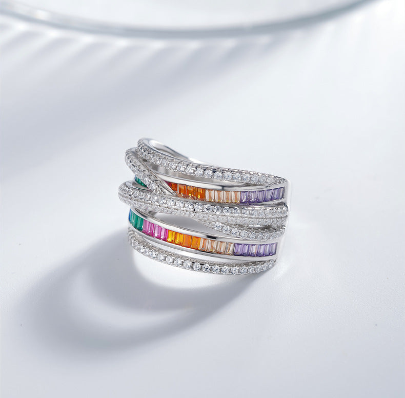 Geometric Stacking Ring - Multicolor CZ & Sterling Silver Wide Band Ring