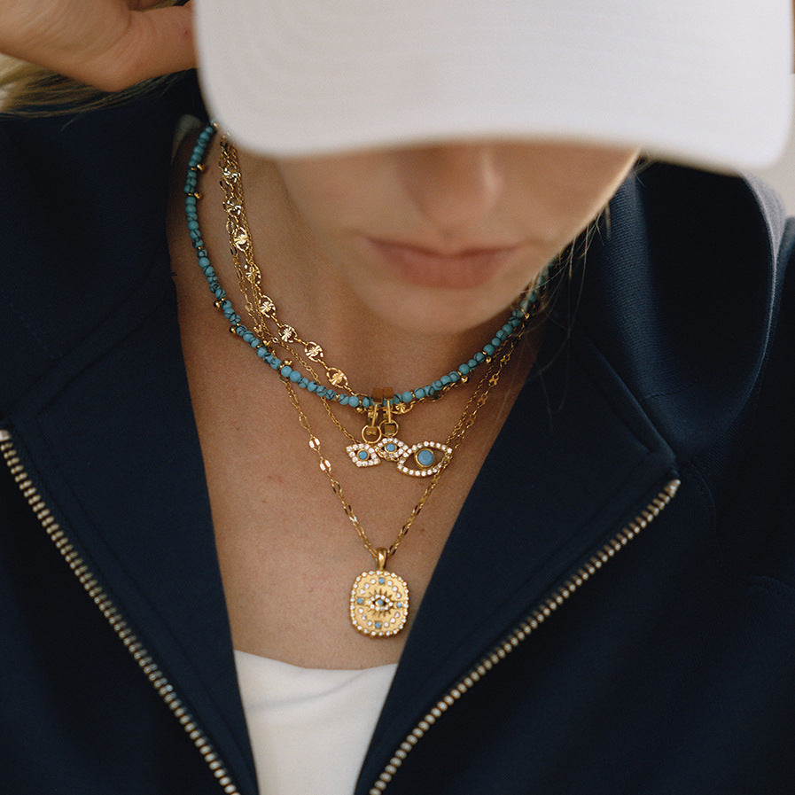 Evil Eye Necklace with Blue Turquoise - Titanium Steel Choker for Women, Protection Amulet Gift